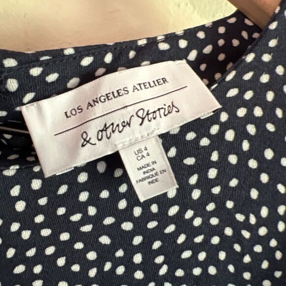 & Other Stories Short Puff Sleeve Ruffle Wrap Mini Dress 4 Small Blue Polka Dot - Picture 4 of 6